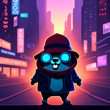 Go Blue Gopher as a cool hackerman-like gopher in a neon cyberpunk city.