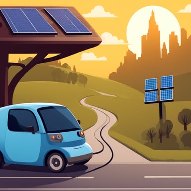 A go blue gopher driving an EV and charging it with solar panels.