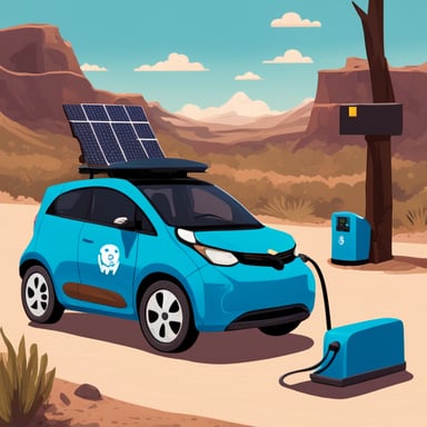 A go blue gopher driving an EV and charging it with solar panels.