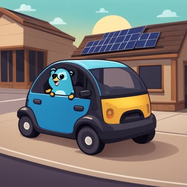 A go blue gopher driving an EV and charging it with solar panels.