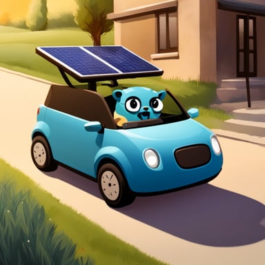 A go blue gopher driving an EV and charging it with solar panels.