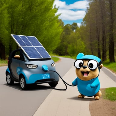 A go blue gopher driving an EV and charging it with his home solar panels in Australia.