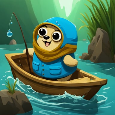 Go Blue Gopher catching fish on a small wooden boat.