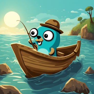 Go Blue Gopher catching fish on a small wooden boat.