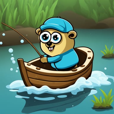 Go Blue Gopher catching fish on a small wooden boat.