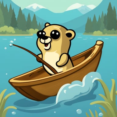Go Blue Gopher catching fish on a small wooden boat.