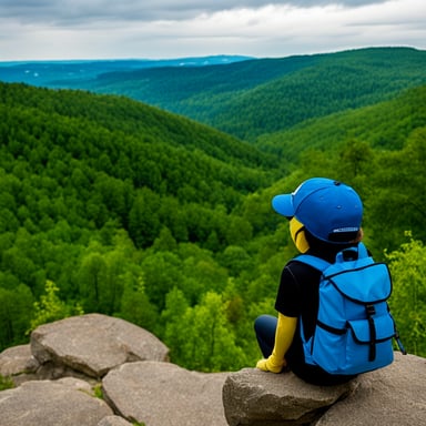 Go Blue Gopher hiking, seen from behind on a mountain top looking at the forest below.