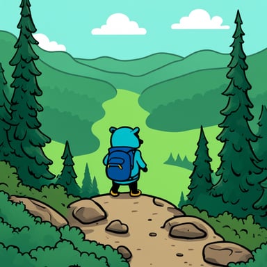 Go Blue Gopher hiking, seen from behind on a mountain top looking at the forest below.