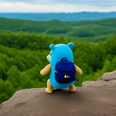 Go Blue Gopher hiking, seen from behind on a mountain top looking at the forest below.