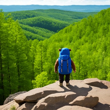 Go Blue Gopher hiking, seen from behind on a mountain top looking at the forest below.