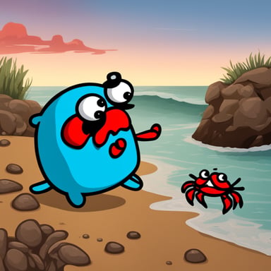 Go Blue Gopher angrily confronts a red crab.