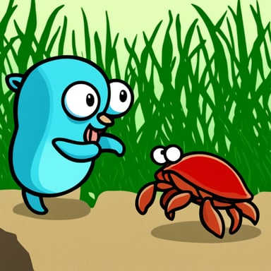 Go Blue Gopher angrily confronts a red crab.