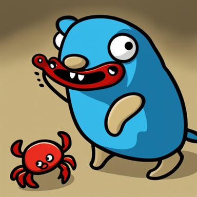 Go Blue Gopher angrily confronts a red crab.