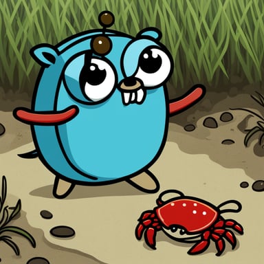 Go Blue Gopher angrily confronts a red crab.