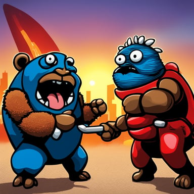 Angry Go Blue Gopher vs Ferris the Red Rust Crab, in a Kong vs Godzilla movie poster style.