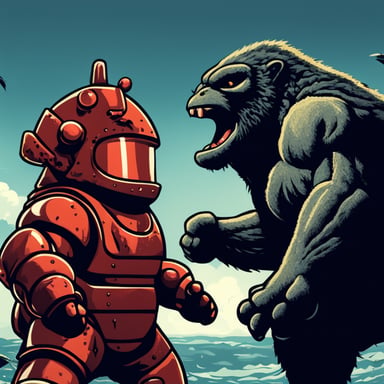 Angry Go Blue Gopher vs Ferris the Red Rust Crab, in a King Kong vs Godzilla movie poster style.