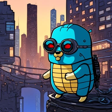 A go blue gopher with borg implants in its head in a cyberpunk Tokyo city scene.