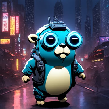 A go blue gopher with borg implants in its head in a cyberpunk Tokyo city scene.