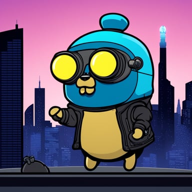 A go blue gopher with borg implants in its head in a cyberpunk Tokyo city scene.
