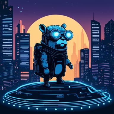 A go blue gopher with borg implants in its head in a cyberpunk Tokyo city scene.