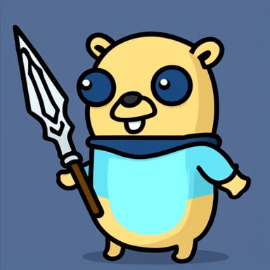 Go Blue Gopher with heavy armor, sword, and magic staff.