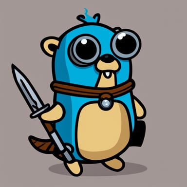 Go Blue Gopher with heavy armor, sword, and magic staff.