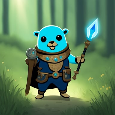 Go Blue Gopher with heavy armor, sword, and magic staff.