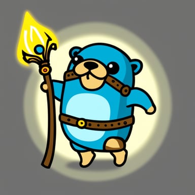 Go Blue Gopher with heavy armor, sword, and magic staff.