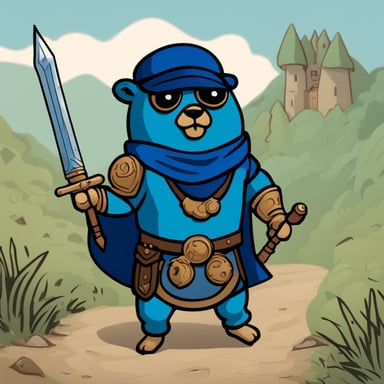 Go Blue Gopher, armored heavily, wields a sword in one hand and a magic staff in the other.