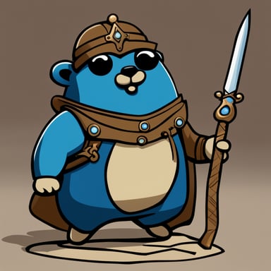 Go Blue Gopher, armored heavily, wields a sword in one hand and a magic staff in the other.