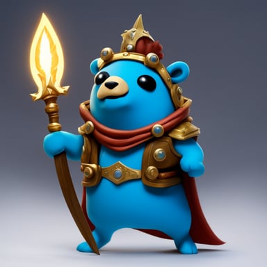 Go Blue Gopher, armored heavily, wields a sword in one hand and a magic staff in the other.