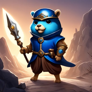 Go Blue Gopher, armored heavily, wields a sword in one hand and a magic staff in the other.