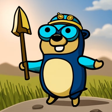 Go Blue Gopher, armed with heavy armor, a sword, and a magic staff, stands ready for battle.