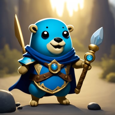 Go Blue Gopher, armed with heavy armor, a sword, and a magic staff, stands ready for battle.