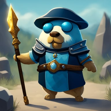 Go Blue Gopher, armed with heavy armor, a sword, and a magic staff, stands ready for battle.