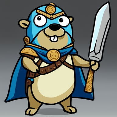 Go Blue Gopher, armed with heavy armor, a sword, and a magic staff, stands ready for battle.