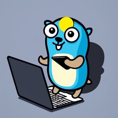 Go blue gopher using a laptop