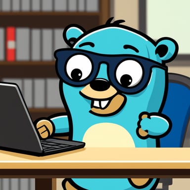 Go Blue Gopher is giving a thumbs up while sitting in front of a laptop displaying code.