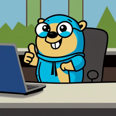 Go Blue Gopher is giving a thumbs up while sitting in front of a laptop displaying code.