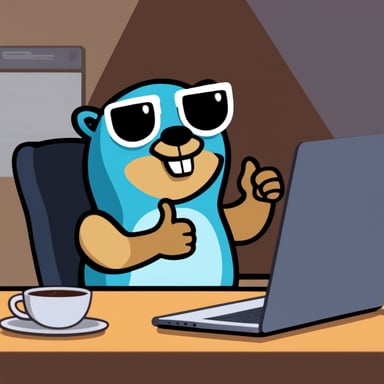 Go Blue Gopher is giving a thumbs up while sitting in front of a laptop displaying code.