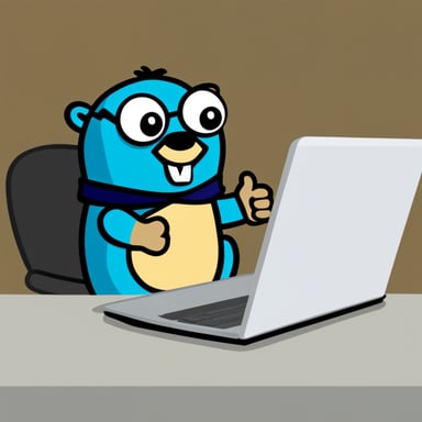 Go Blue Gopher is giving a thumbs up while sitting in front of a laptop displaying code.