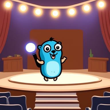 Go Blue Gopher on stage revealing a new product.