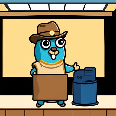 Go Blue Gopher on stage revealing a new product.