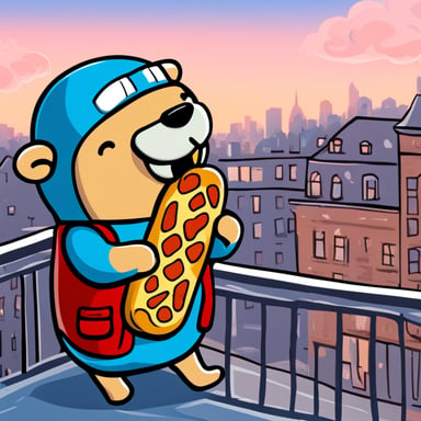 Go Blue Gopher eating a Danish hotdog on a balcony.