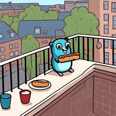 Go Blue Gopher eating a Danish hotdog on a balcony.
