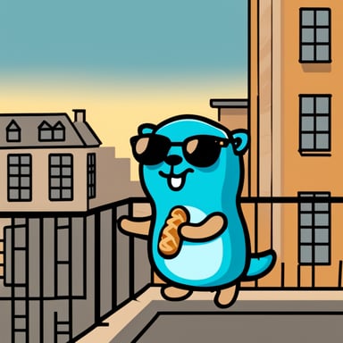 Go Blue Gopher eating a Danish hotdog on a balcony.