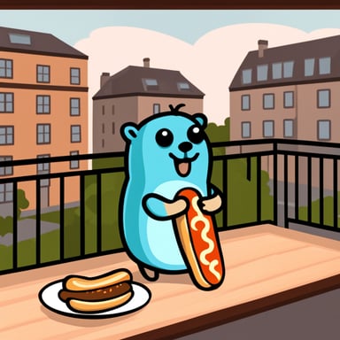 Go Blue Gopher eating a Danish hotdog on a balcony.