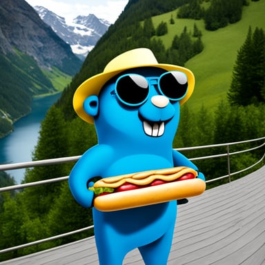 Go Blue Gopher is seen enjoying a Danish hotdog on a terrace in Switzerland.