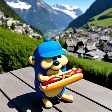 Go Blue Gopher is seen enjoying a Danish hotdog on a terrace in Switzerland.