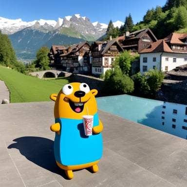 Go Blue Gopher is seen enjoying a Danish hotdog on a terrace in Switzerland.